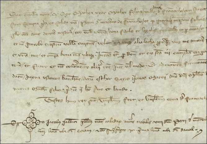 Reconeixement de dona prpia de Mateua Feliu, de la Vila d'Avall de Franciac, a favor de Pere de Matar, de Franciac, 2 de mar de 1349. AMGi. Fons Calder, Pergamins